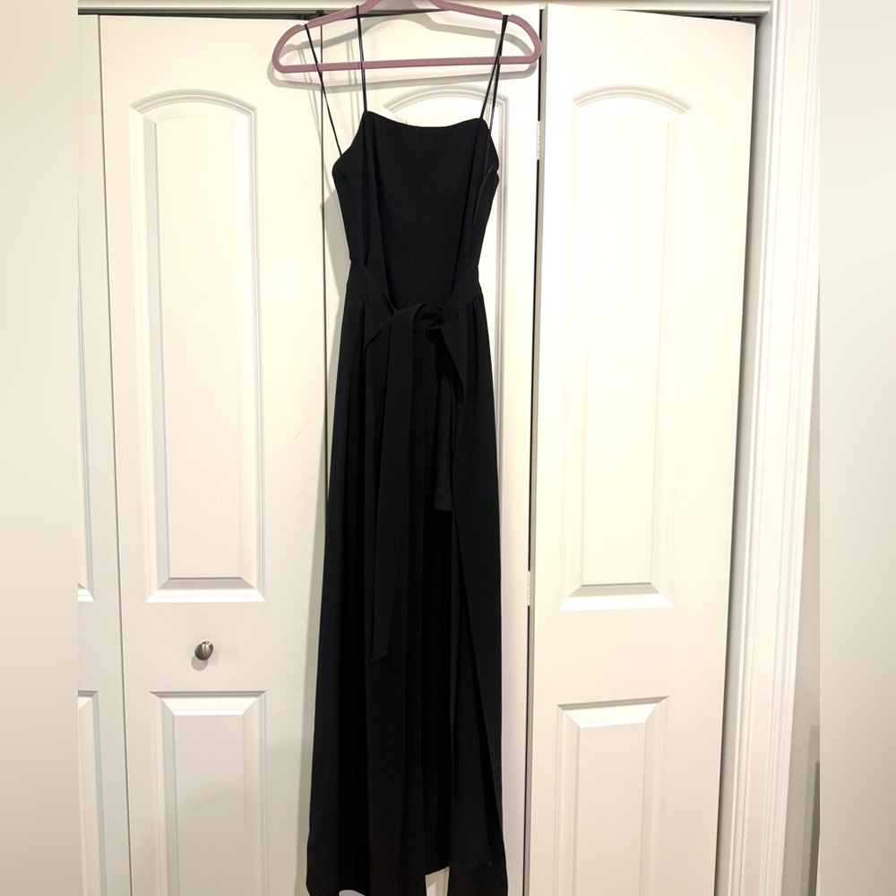 Elegant Black Spaghetti-Strap Maxi Dress with Waist Tie